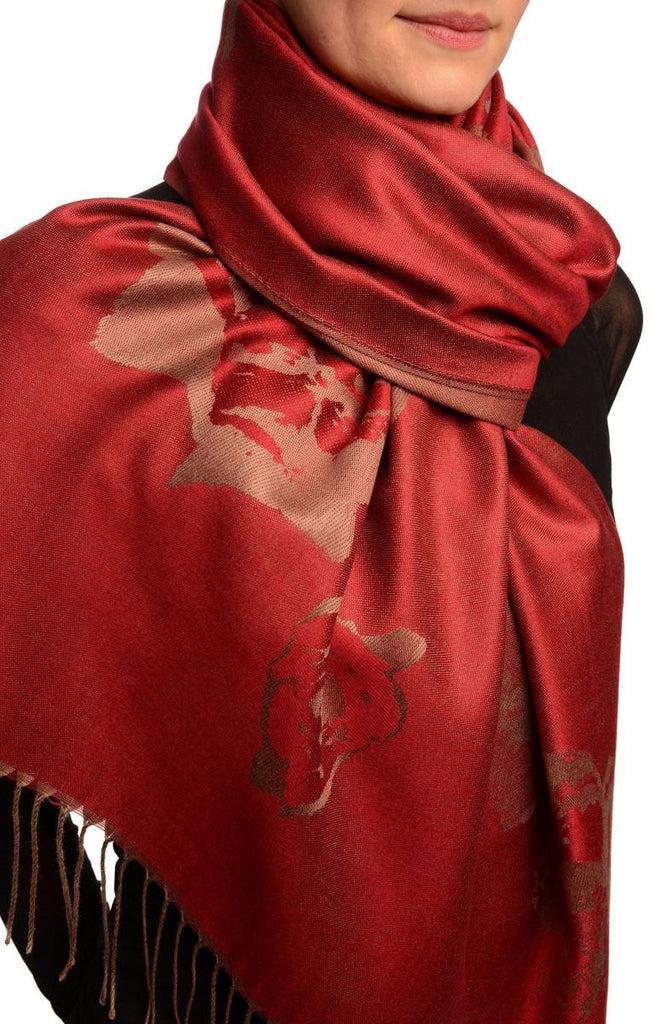Liss Kiss Roses On Burgundy Red Pashmina Feel With Tassels - Scarf