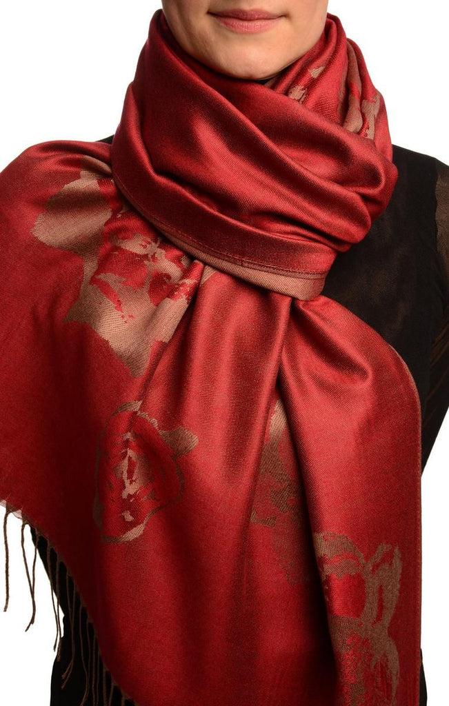 liss kiss Roses On Burgundy Red Pashmina Feel With Tassels - Scarf