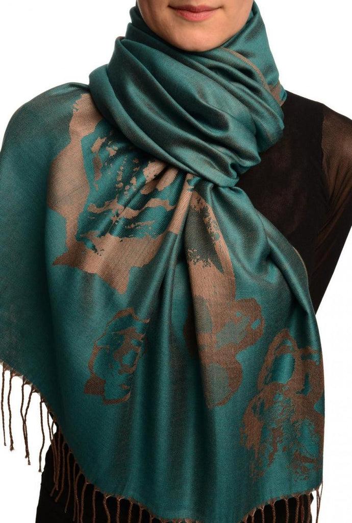 liss kiss Roses On Cerulean Blue Pashmina Feel With Tassels - Scarf