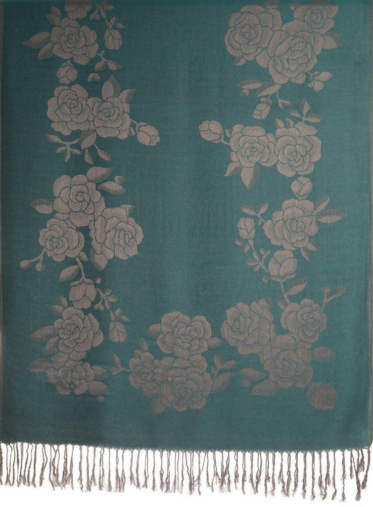 Liss Kiss Roses On Cerulean Blue Pashmina With Tassels - Scarf