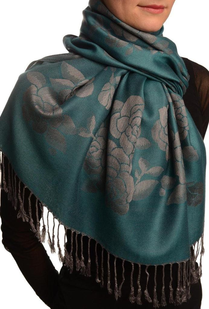 Liss Kiss Roses On Cerulean Blue Pashmina With Tassels - Scarf
