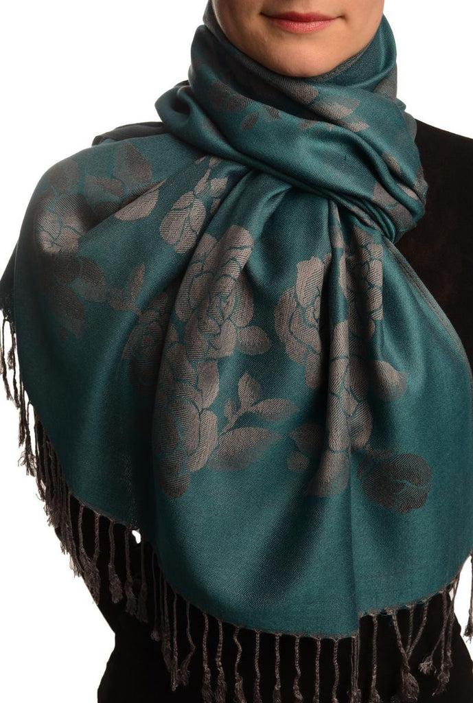 liss kiss Roses On Cerulean Blue Pashmina With Tassels - Scarf
