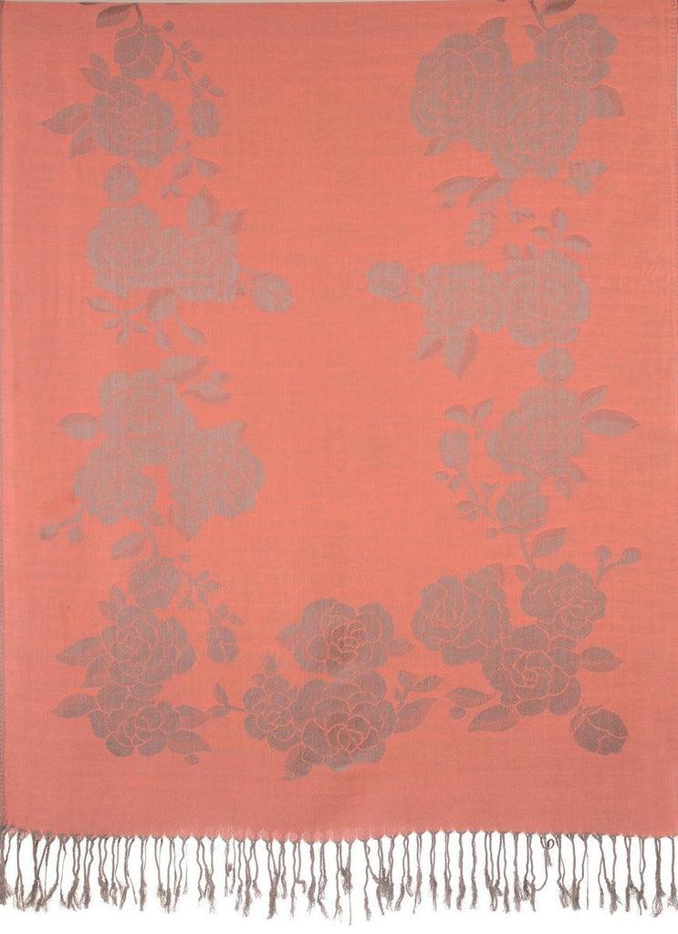 Liss Kiss Roses On Coral Pink Pashmina With Tassels - Scarf