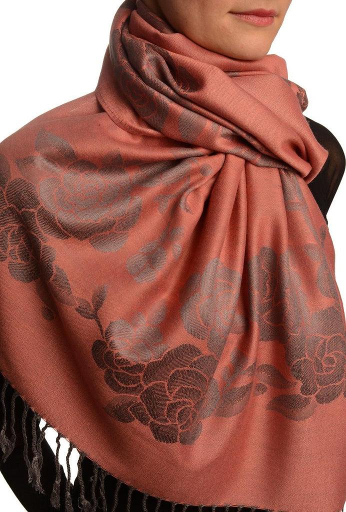 Liss Kiss Roses On Coral Pink Pashmina With Tassels - Scarf