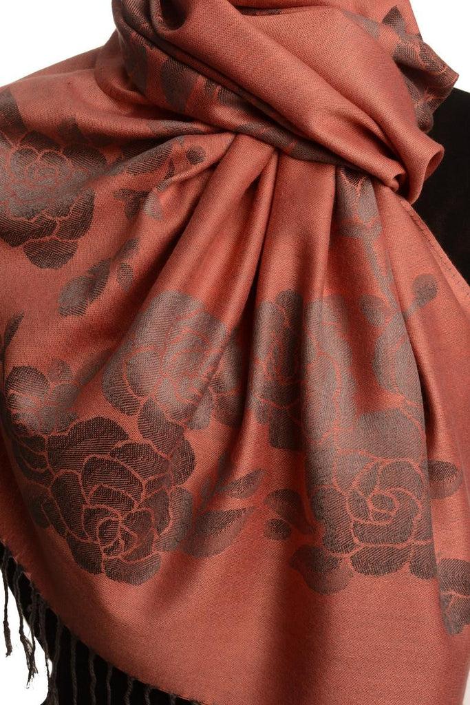Liss Kiss Roses On Coral Pink Pashmina With Tassels - Scarf