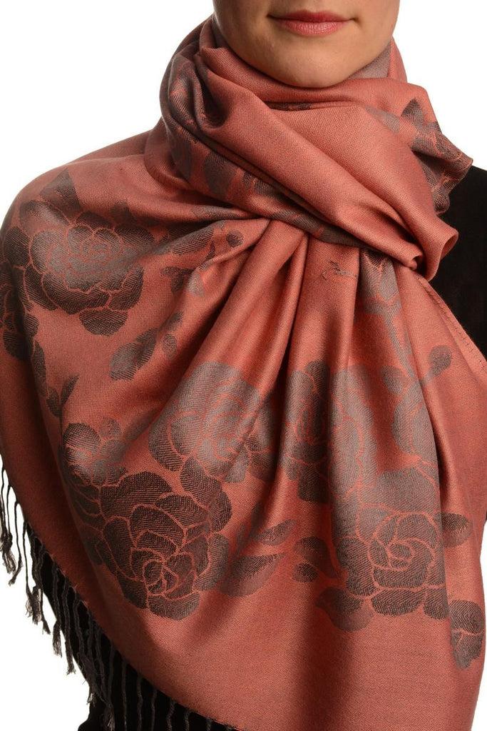 liss kiss Roses On Coral Pink Pashmina With Tassels - Scarf