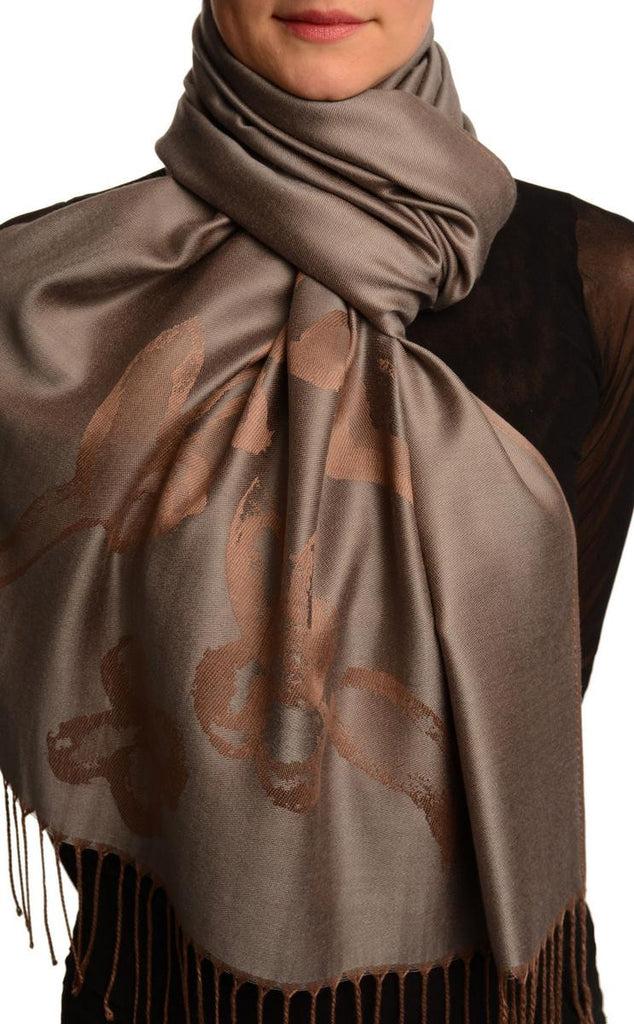 liss kiss Roses On Dark Grey Pashmina Feel With Tassels - Scarf