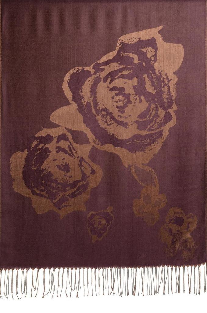 Liss Kiss Roses On Dark Purple Pashmina Feel With Tassels - Scarf