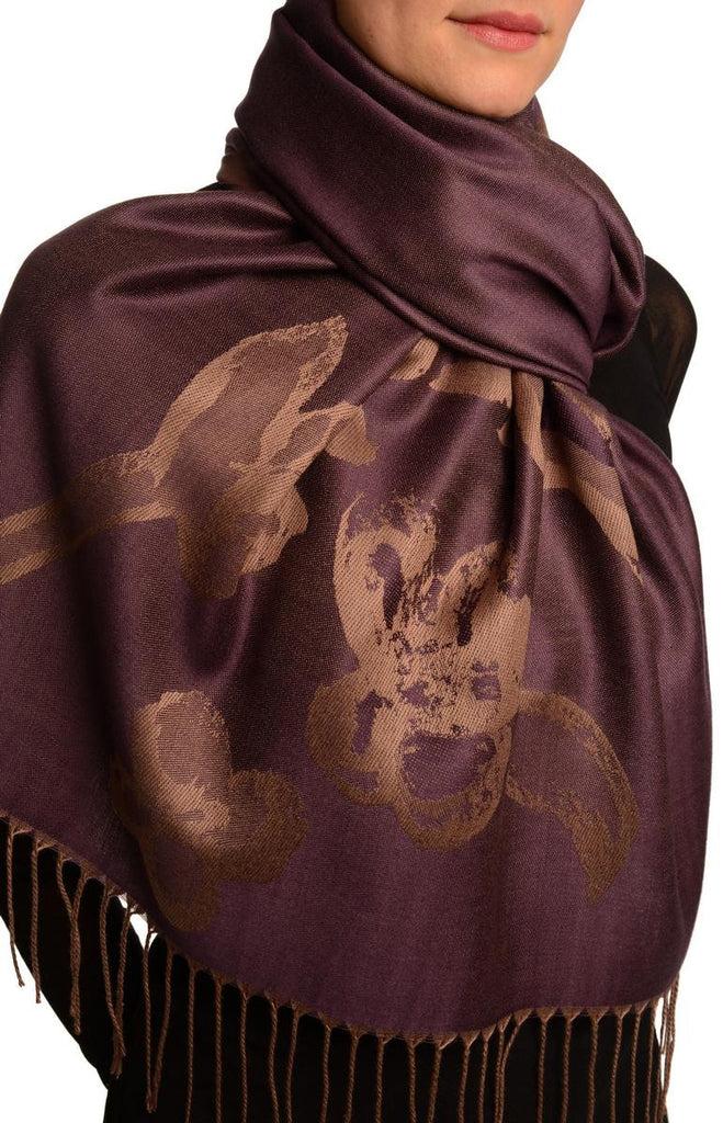 Liss Kiss Roses On Dark Purple Pashmina Feel With Tassels - Scarf