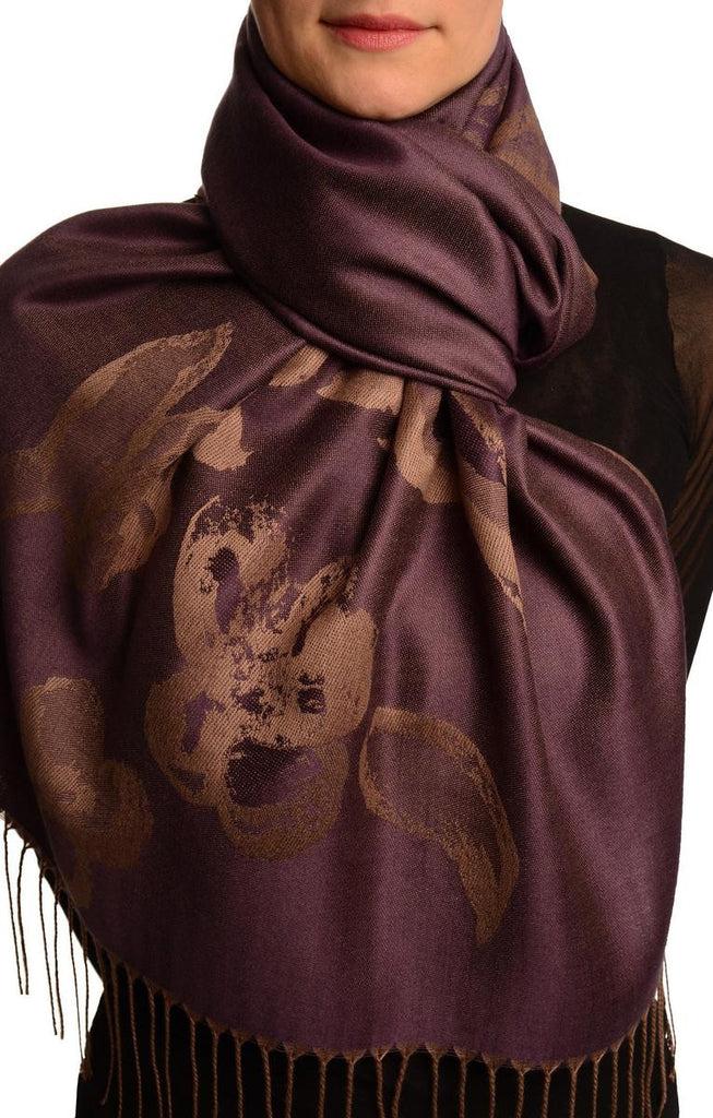 liss kiss Roses On Dark Purple Pashmina Feel With Tassels - Scarf