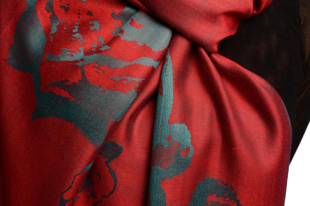 Liss Kiss Roses On Dark Red Pashmina Feel With Tassels - Scarf