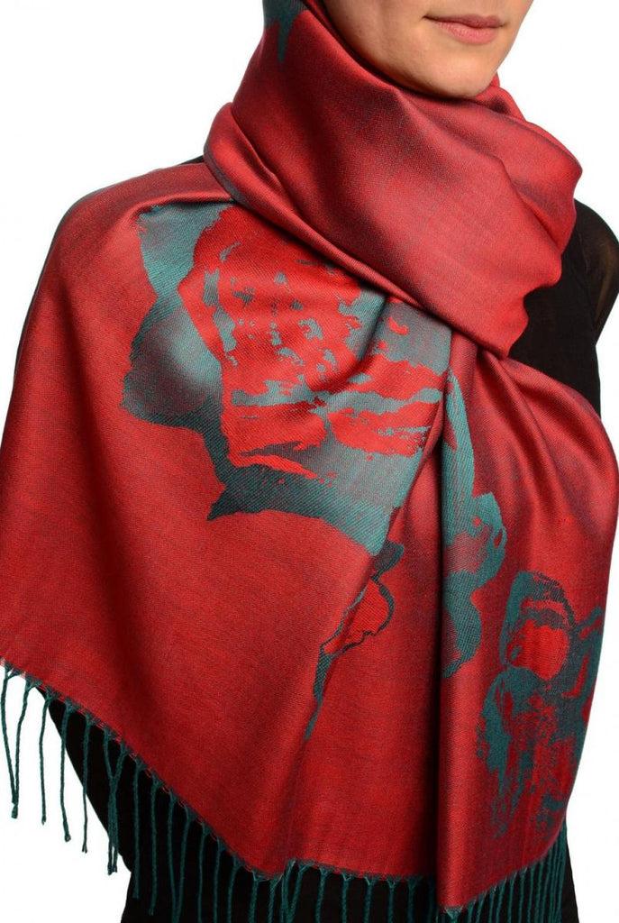 Liss Kiss Roses On Dark Red Pashmina Feel With Tassels - Scarf