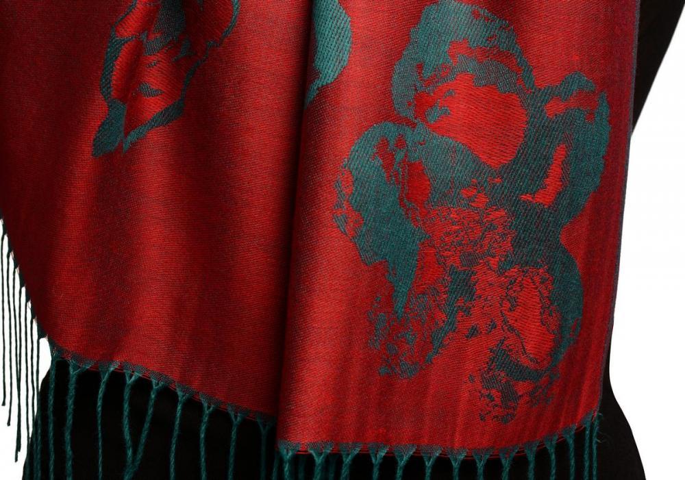 Liss Kiss Roses On Dark Red Pashmina Feel With Tassels - Scarf