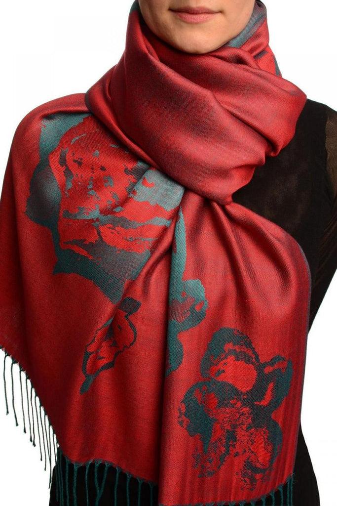 liss kiss Roses On Dark Red Pashmina Feel With Tassels - Scarf