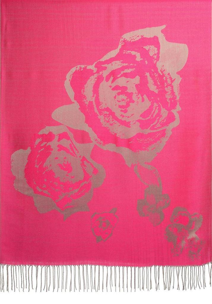 Liss Kiss Roses On Fuchsia Pink Pashmina Feel With Tassels - Scarf