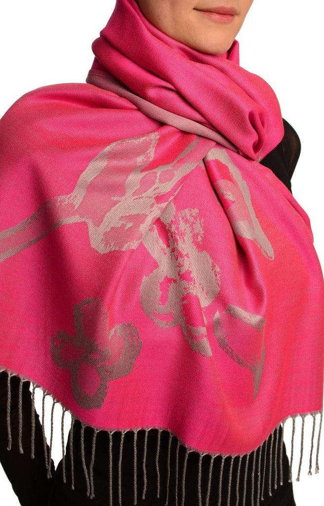 Liss Kiss Roses On Fuchsia Pink Pashmina Feel With Tassels - Scarf