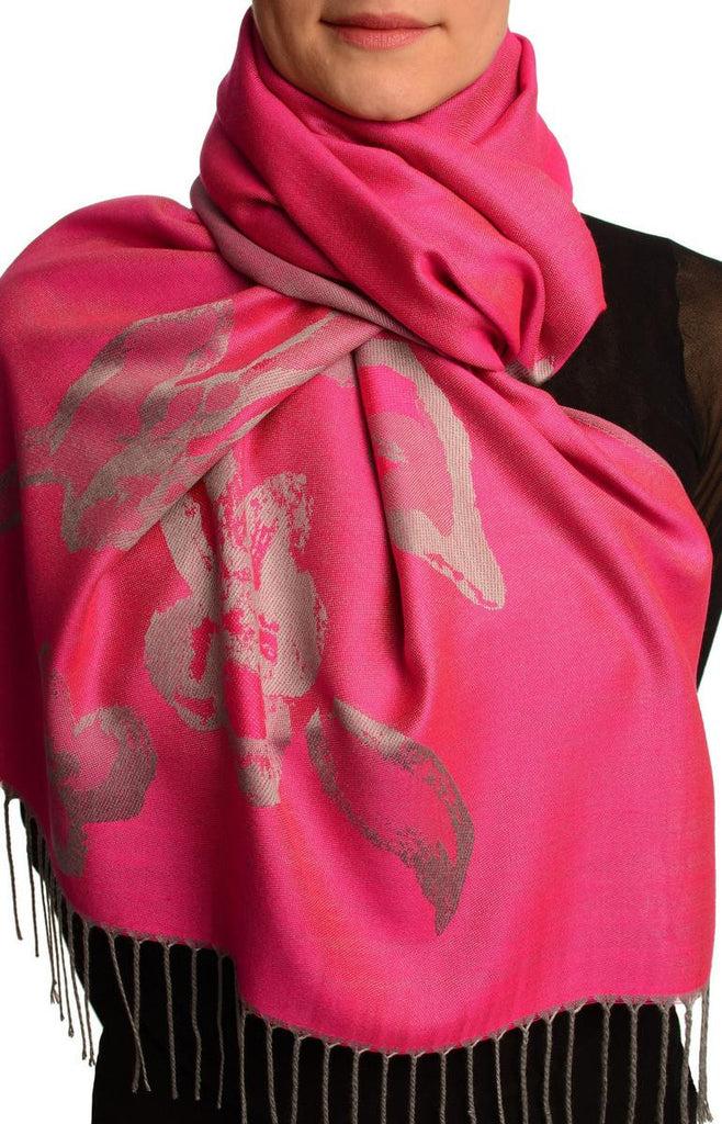 liss kiss Roses On Fuchsia Pink Pashmina Feel With Tassels - Scarf