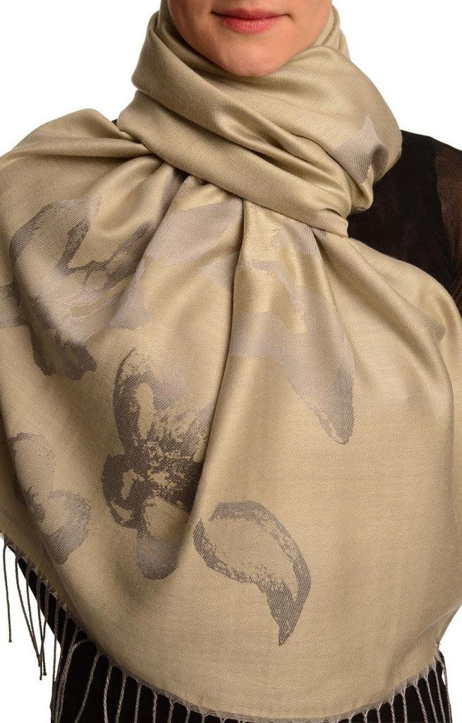 liss kiss Roses On Grey Pashmina Feel With Tassels - Scarf