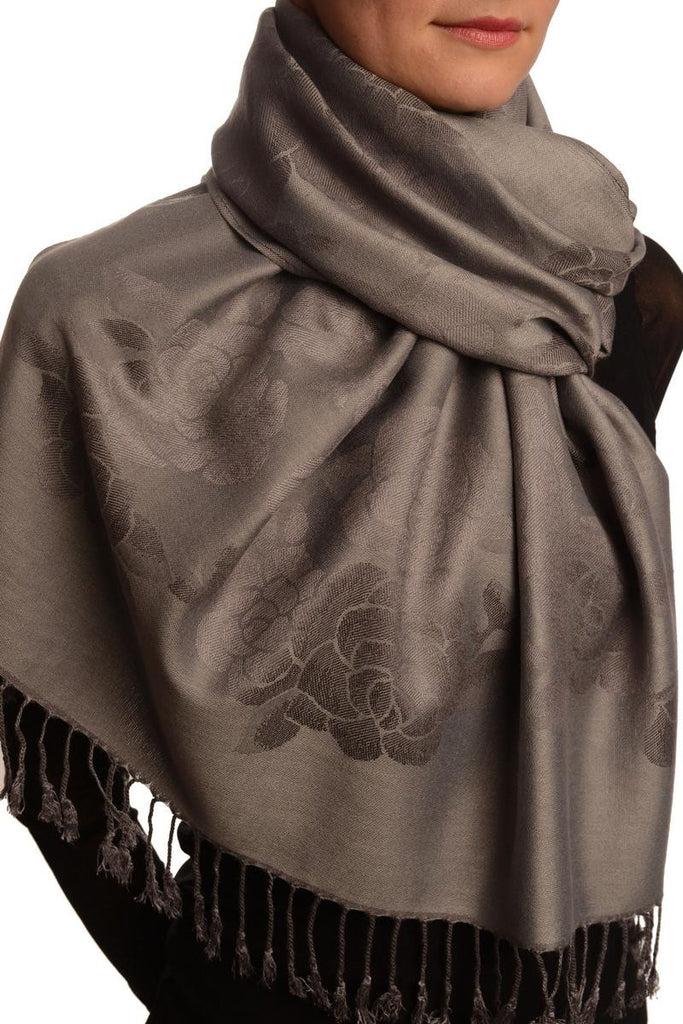 Liss Kiss Roses On Grey Pashmina With Tassels - Scarf