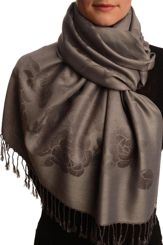 liss kiss Roses On Grey Pashmina With Tassels - Scarf