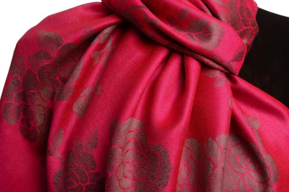 Liss Kiss Roses On Magenta Pink Pashmina With Tassels - Scarf