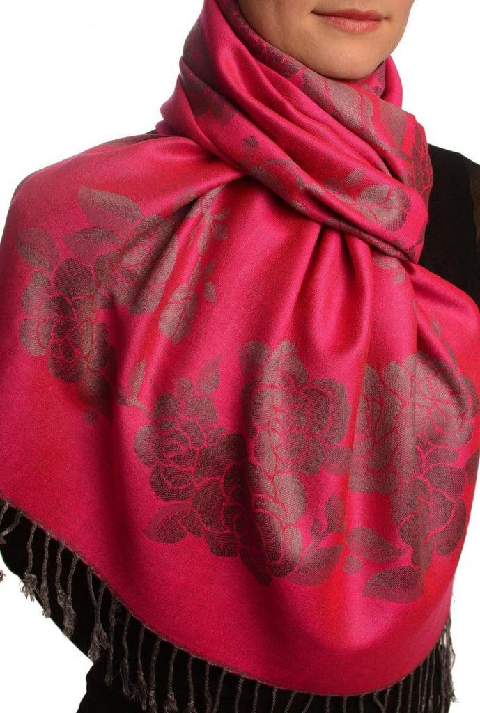 Liss Kiss Roses On Magenta Pink Pashmina With Tassels - Scarf