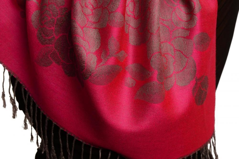 Liss Kiss Roses On Magenta Pink Pashmina With Tassels - Scarf