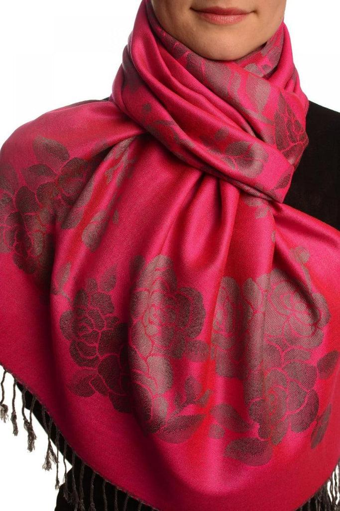 liss kiss Roses On Magenta Pink Pashmina With Tassels - Scarf