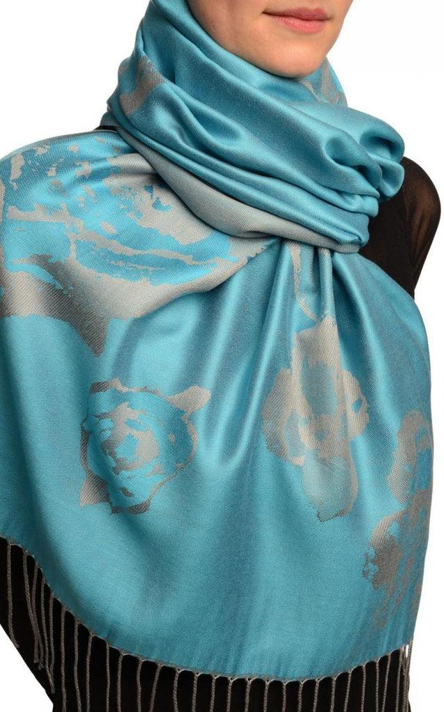 Liss Kiss Roses On Maya Blue Pashmina Feel With Tassels - Scarf