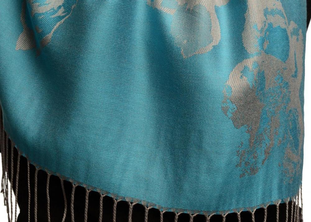 Liss Kiss Roses On Maya Blue Pashmina Feel With Tassels - Scarf