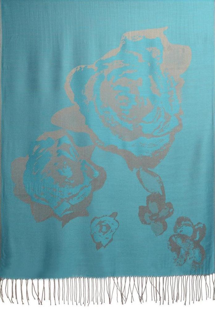 Liss Kiss Roses On Maya Blue Pashmina Feel With Tassels - Scarf