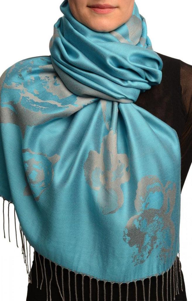liss kiss Roses On Maya Blue Pashmina Feel With Tassels - Scarf