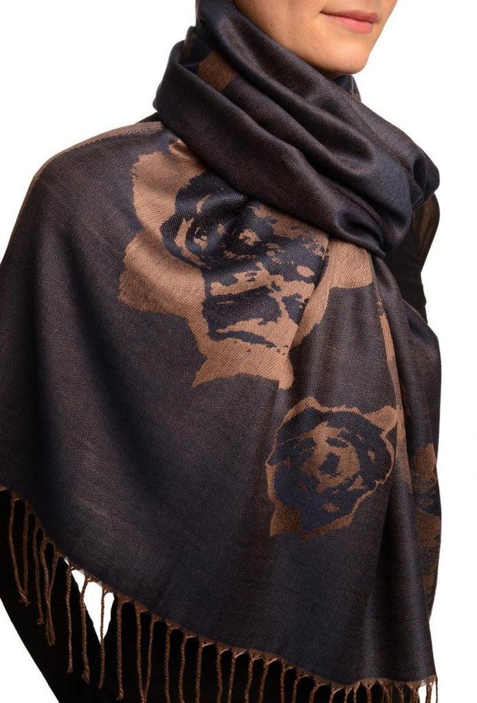 Liss Kiss Roses On Midnight Blue Pashmina Feel With Tassels - Scarf