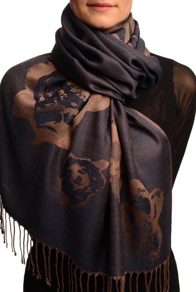liss kiss Roses On Midnight Blue Pashmina Feel With Tassels - Scarf