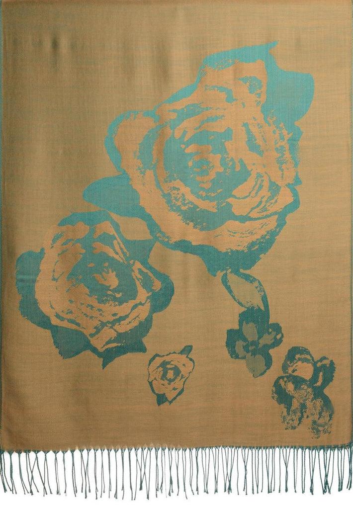 Liss Kiss Roses On Mocha Beige Pashmina Feel With Tassels - Scarf