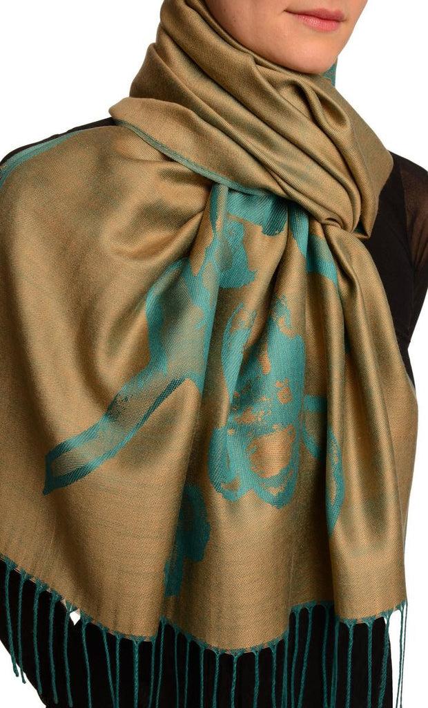 Liss Kiss Roses On Mocha Beige Pashmina Feel With Tassels - Scarf