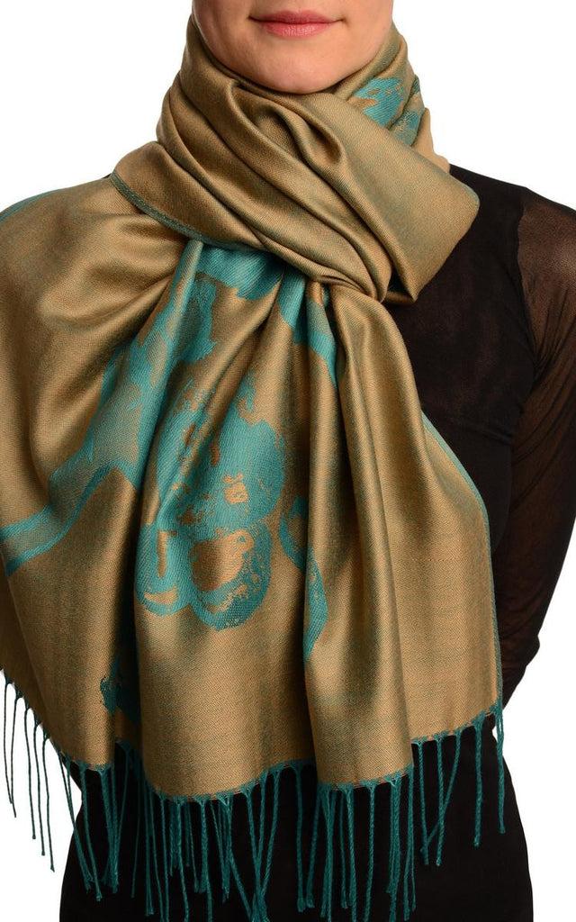 liss kiss Roses On Mocha Beige Pashmina Feel With Tassels - Scarf