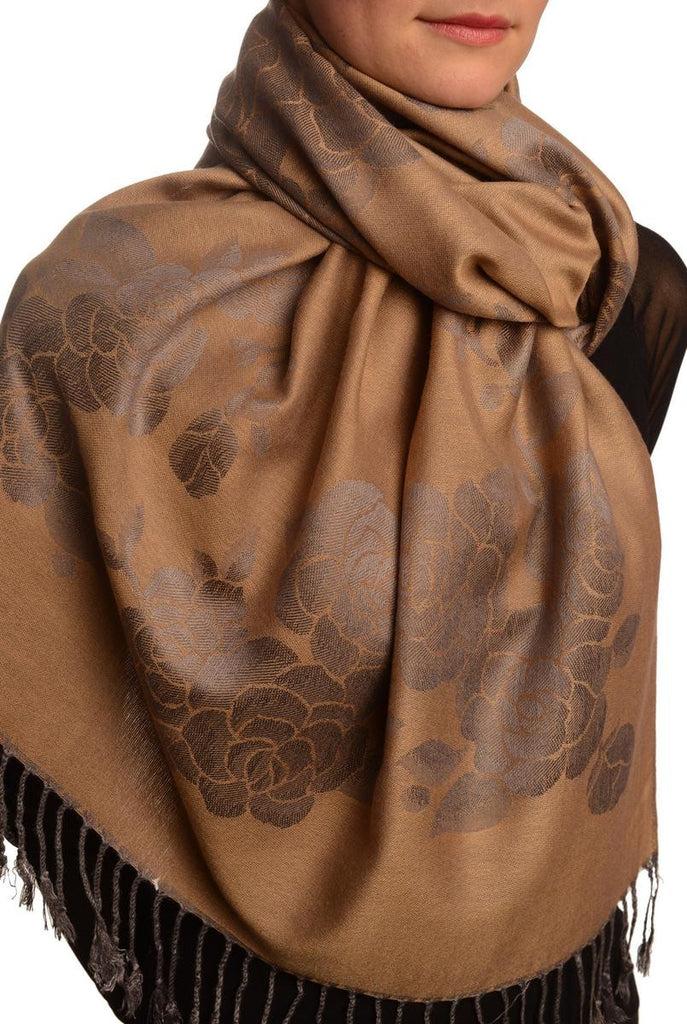 Liss Kiss Roses On Mocha Pashmina With Tassels - Scarf