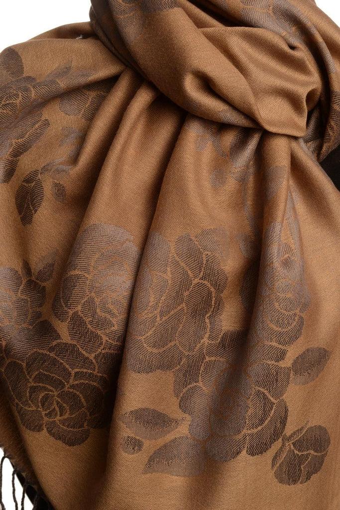 Liss Kiss Roses On Mocha Pashmina With Tassels - Scarf