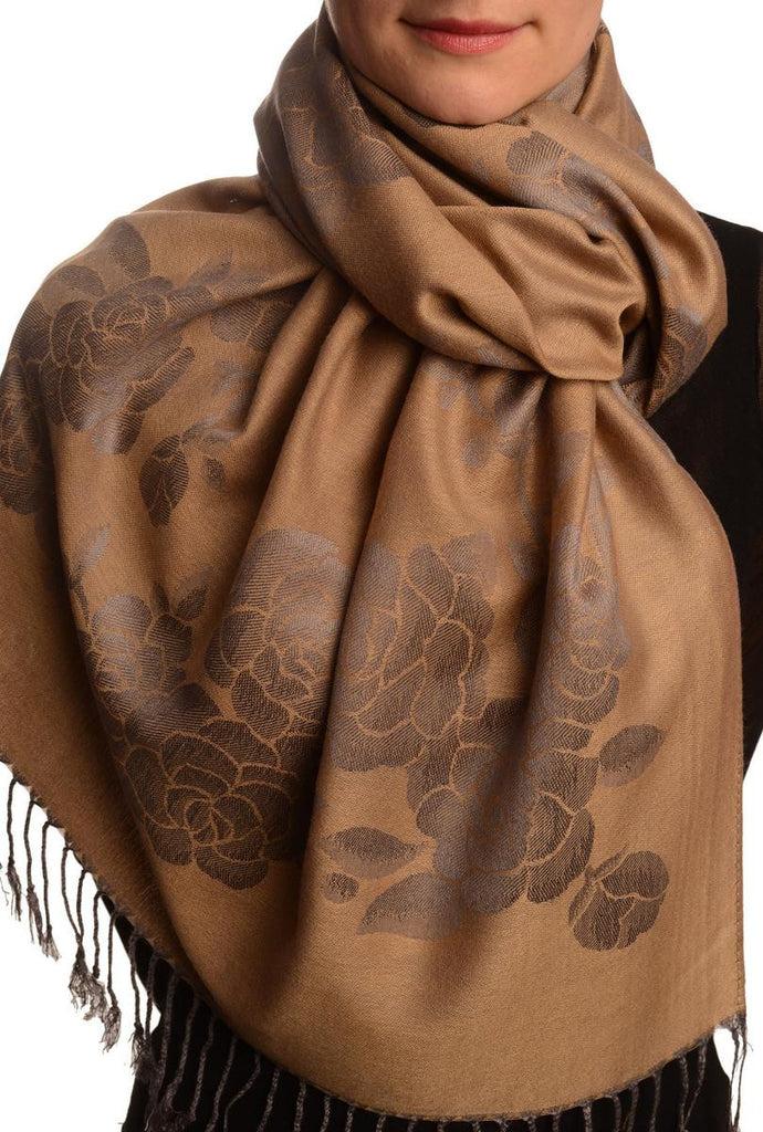 liss kiss Roses On Mocha Pashmina With Tassels - Scarf