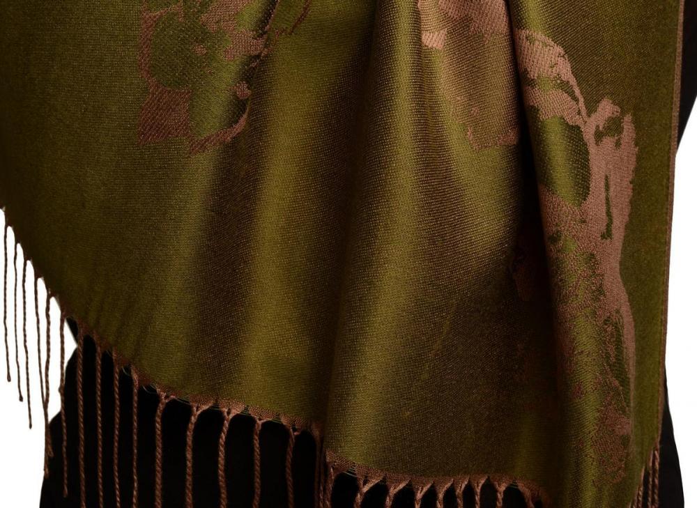 Liss Kiss Roses On Olive Green Pashmina Feel With Tassels - Scarf