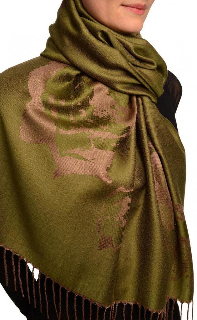 Liss Kiss Roses On Olive Green Pashmina Feel With Tassels - Scarf