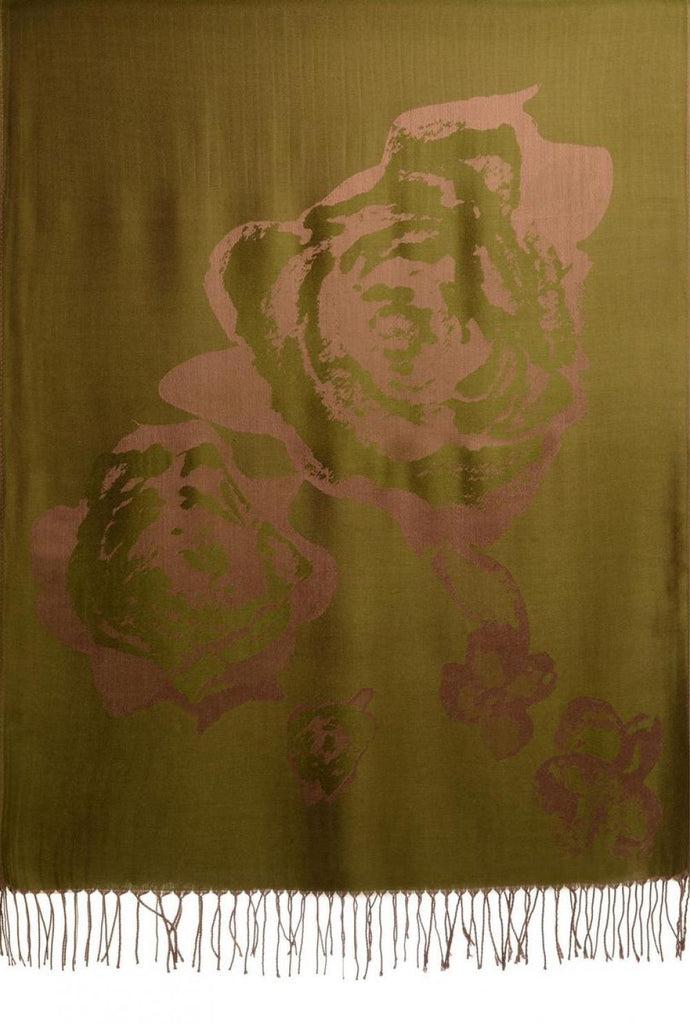 Liss Kiss Roses On Olive Green Pashmina Feel With Tassels - Scarf