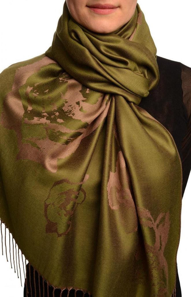 liss kiss Roses On Olive Green Pashmina Feel With Tassels - Scarf