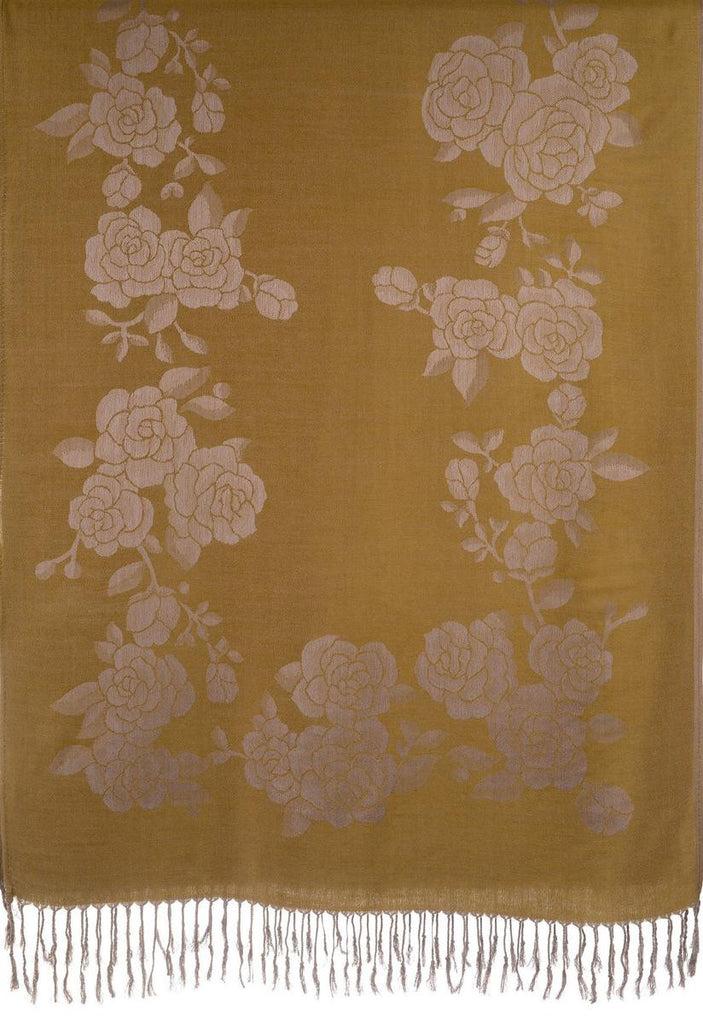 Liss Kiss Roses On Olive Green Pashmina With Tassels - Scarf