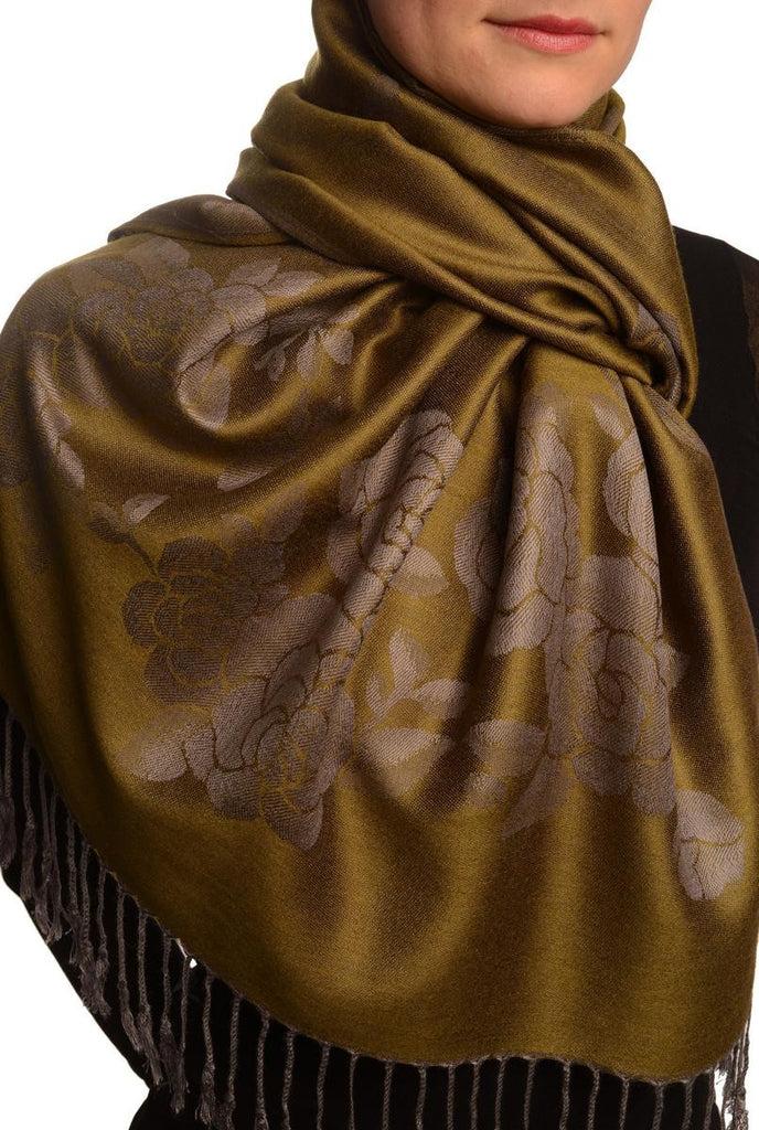 Liss Kiss Roses On Olive Green Pashmina With Tassels - Scarf