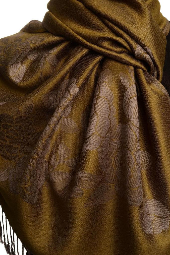 Liss Kiss Roses On Olive Green Pashmina With Tassels - Scarf