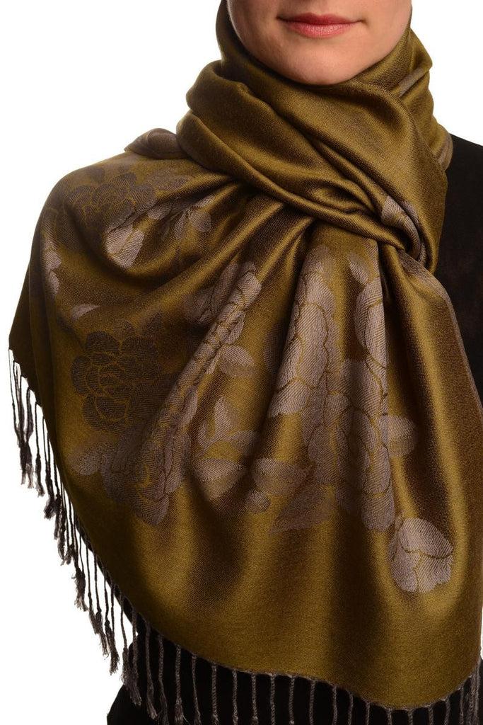 liss kiss Roses On Olive Green Pashmina With Tassels - Scarf