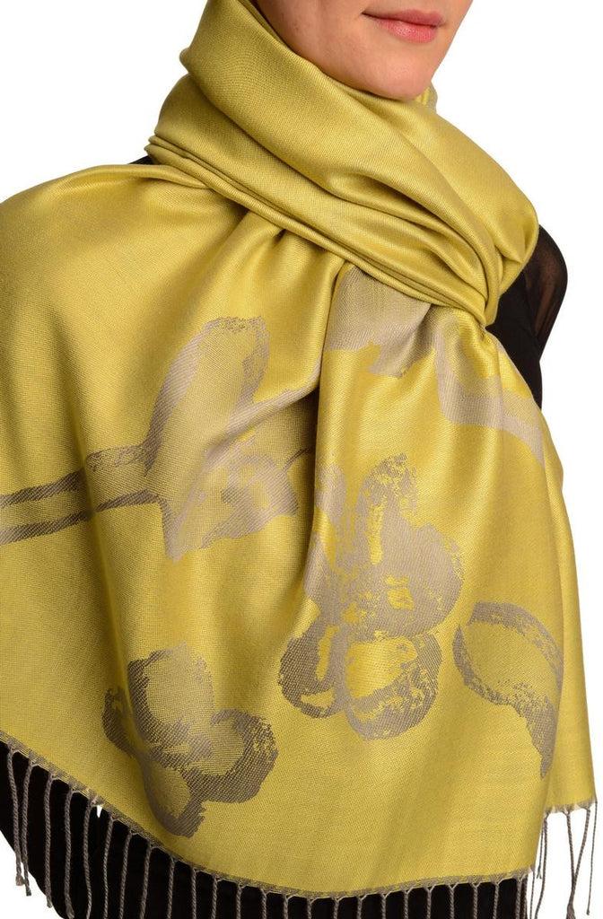 Liss Kiss Roses On Pear Green Pashmina Feel With Tassels - Scarf