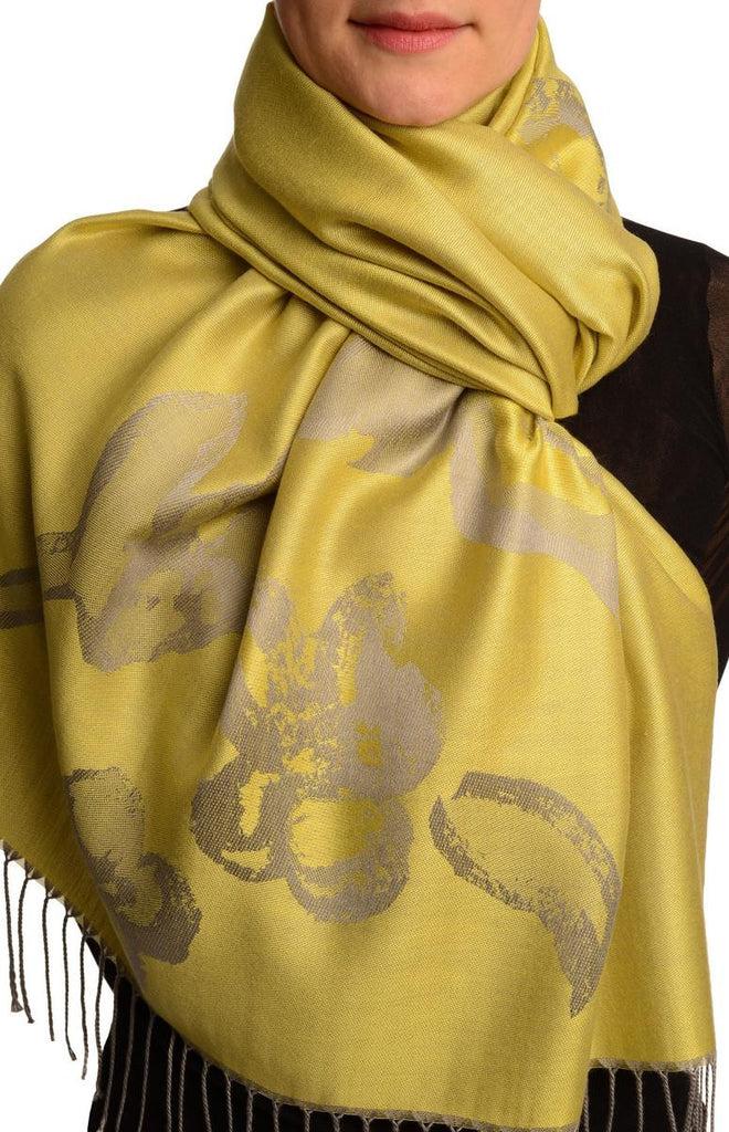 liss kiss Roses On Pear Green Pashmina Feel With Tassels - Scarf